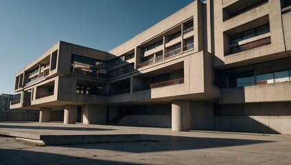 futuristic cityscape featuring a colossal brutalist megastructure made of reinforced concrete and metallic elements, captured from an extreme low-angle perspective