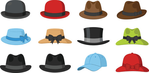 Large Collection of Different Hat Styles Vector Set, Fashion Headwear Accessories Variety Pack Illustration