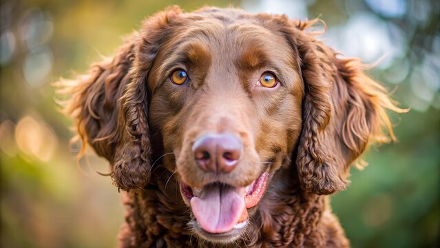 A close-up captures a friendly brown curly-haired retriever dog with expressive eyes and its tongue playfully hanging
