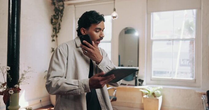 Man, phone call and barbershop manager with contact, tablet or talk for booking client at small business. Person, entrepreneur and smartphone with tech, application or schedule for grooming in salon