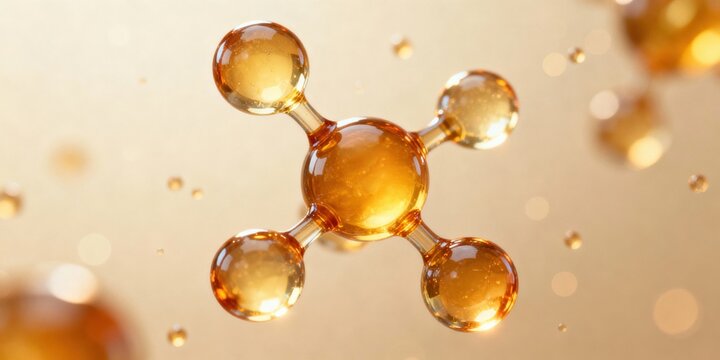 Macro 3D render of the Coenzyme Q10 molecule set against a warm honey and soft beige gradient background. Perfect for scientific and health-related visuals.