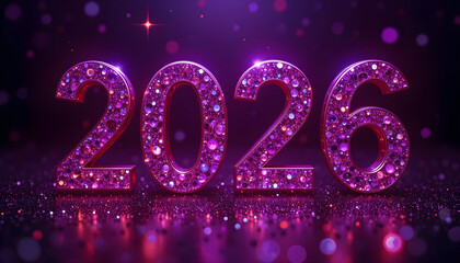 Sparkling 2026 numbers with pink and purple gem accents and bokeh new year celebration
