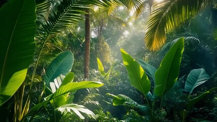 Lush tropical rainforest with morning sunlight filtering through the dense green foliage - Powered by Adobe