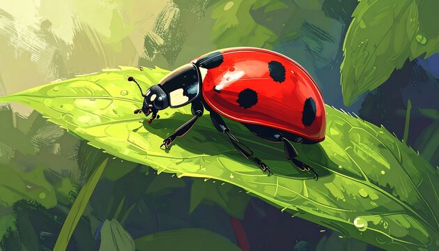 Digital painting of a ladybug with a red shell and black spots, sitting on a green leaf with water droplets. Nature themed