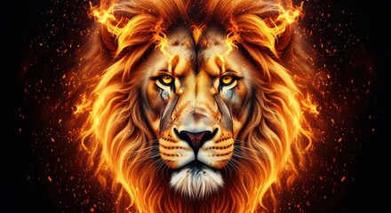 Fototapeta premium Majestic lion head with blazing fire mane on dark background. Perfect for power, strength, courage themes. Dramatic fantasy artwork ideal for motivational posters and bold designs.