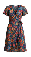 Floral wrap dress featuring a V-neck and flutter sleeves.