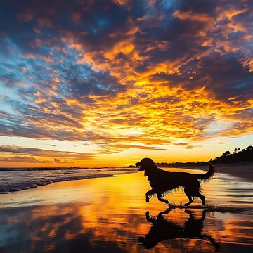 Dog silhouette running under fiery sky high resolution picture