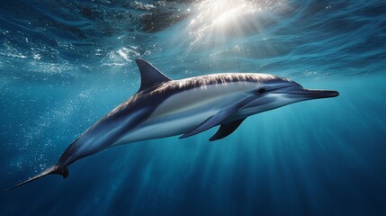 Fototapeta premium A breathtaking, hyperrealistic underwater photograph of a solitary common dolphin (Delphinus delphis) gracefully swimming through crystal-clear, deep blue tropical waters