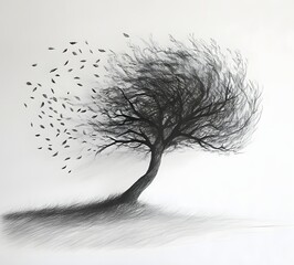 Tree in wind storm losing leaves, graphic art, nature concept