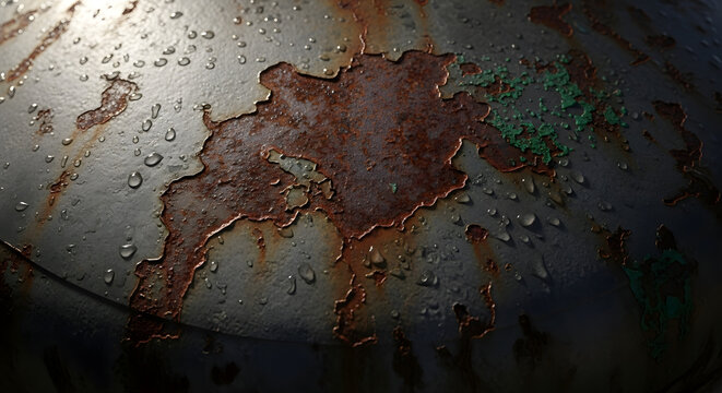 Close-up of a weathered metal surface with peeling paint revealing a large patch of rust and water droplets.