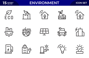 Environment line icon set. Containing recycling, plant, nature, eco, earth, green energy, trees, ecology. Thin outline icons pack. Vector illustration