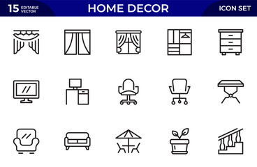 Home Decor line icon set. Kitchen, living room, decoration, bedroom, interior design, dishes, devices, finishing, household, appliances, stylish line icon set