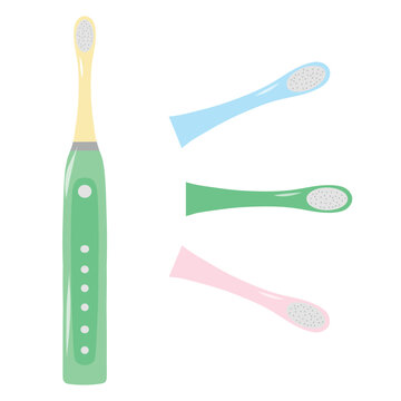 Electric toothbrush with replacement heads. Rechargeable toothbrush and attachments, vector. Electric brush set, replacement head illustration