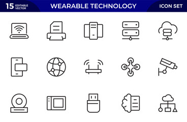 Wearable technology line icon set. Depicts various wearable devices designed for fitness tracking, communication. Thin outline icons pack. Vector illustration