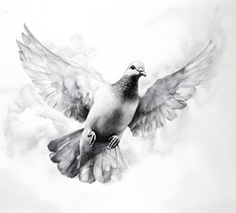 Pigeon in flight, white dove symbolizes peace and freedom, symbolic bird art
