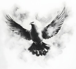 Pigeon in flight, charcoal drawing, symbol of peace and freedom, artistic sketch