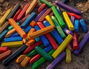 Colorful Chalks Spread Across a Textured Surface in Natural Light