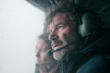 A man wearing headphones with a microphone looks through the open door of a helicopter cabin with a woman wearing headphones. In winter, the cabin windows are covered with condensation or frost.