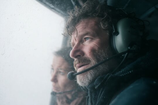 A man wearing headphones with a microphone looks through the open door of a helicopter cabin with a woman wearing headphones. In winter, the cabin windows are covered with condensation or frost.