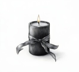 Single lit dark candle with ribbon tied around it, isolated on white background