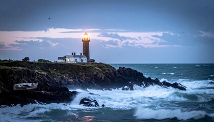 A lighthouse stands tall on a rocky cliff, illuminated against a dramatic sky near crashing