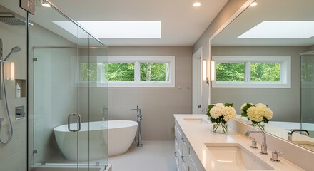 Modern bathroom with white tub, glass shower, and double sink vanity. Fresh flowers add style. Skylights bring natural light. Perfect for home design or real estate projects.