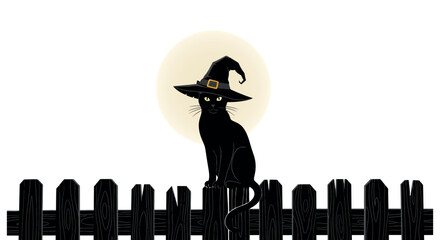 Elegant black cat in a classic witch's hat, perched on a rustic fence under a glowing full moon, creating a captivating illustration for Halloween and autumn holiday themes