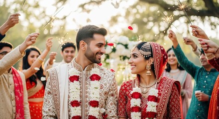A newly married couple in traditional wedding attire celebrates with guests holding sparklers outdoors. Perfect for wedding cards, cultural event promotions, or matrimonial services.