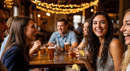 A group of friends gather at a cozy bar with warm lights, enjoying drinks and laughter. Perfect for themes of friendship, celebration, and social gatherings in casual settings.
