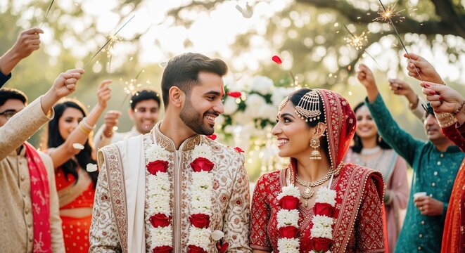 A newly married couple in traditional wedding attire celebrates with guests holding sparklers outdoors. Perfect for wedding cards, cultural event promotions, or matrimonial services.