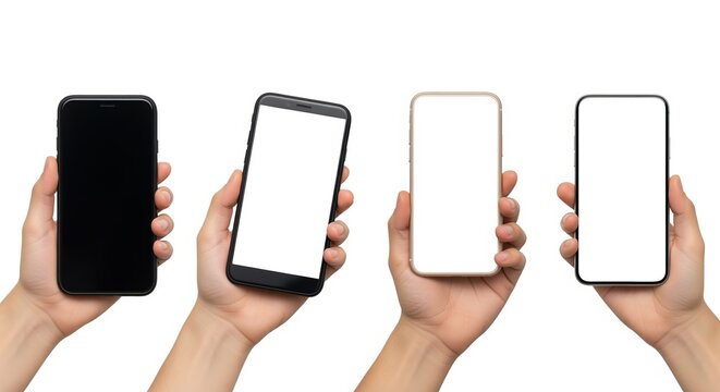 Four hands hold modern smartphones with blank white screens. Different phone models shown in black and white colors. Perfect for app demos, mobile interface mockups, and digital designs.
