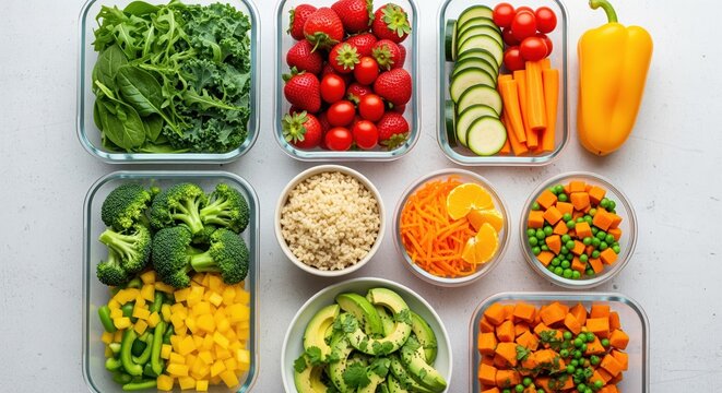 Meal prep containers filled with fresh vegetables, grains, and fruits arranged neatly on a white surface. Perfect for healthy eating plans, diet planning, and organized weekly meals.