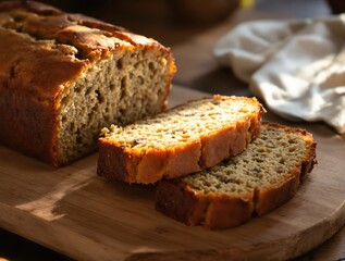 Warm rustic homemade banana bread slice glowing in peaceful natural morning sunlight ambience scene inviting comfort aroma bakery style
