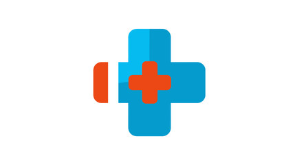 Obraz premium Modern flat design medical cross icon with orange plus symbol. Healthcare, first aid, pharmacy, and health services concept.