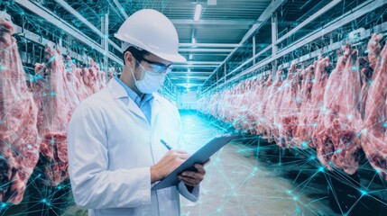 Quality control in modern meat processing facility: Expert inspecting safety standards, ensuring premium meat quality through advanced technology integration.