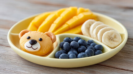 Creative fruit lion face design on kids plate with mango slices, blueberries, and banana for fun mealtime