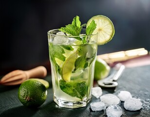 fresh mint mojito with crystalline ice and lime garnish in elegant glass