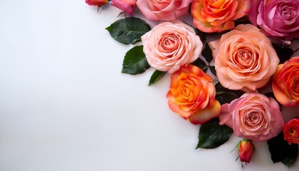 detailed view of vibrant pink and orange roses against a plain white backdrop with plenty of room for text macro floral imagery perfect for seasonal greeting card designs
