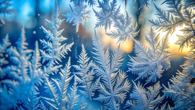 Frost patterns on window glass at sunrise