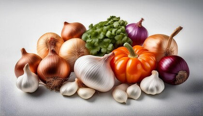 vegetables including onions and garlic against a white textured background