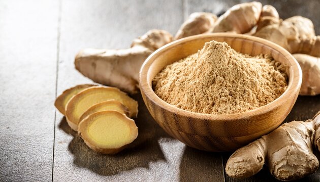 ground ginger in wooden bowl with fresh ginger root