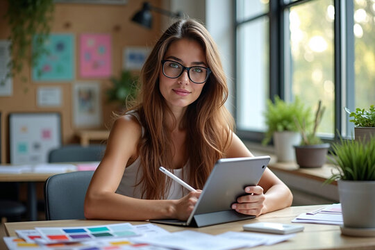 Digital Art and Illustration: Smiling Woman Reviewing Color Palettes and Technology