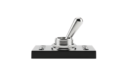 Metal toggle switch with upright lever and threaded shaft on black base—used for controlling electrical circuits in industrial or electronic systems