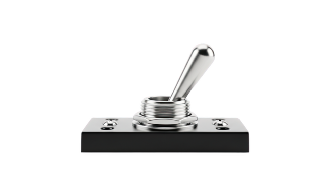 Metal toggle switch with upright lever and threaded shaft on black base—used for controlling electrical circuits in industrial or electronic systems - Powered by Adobe