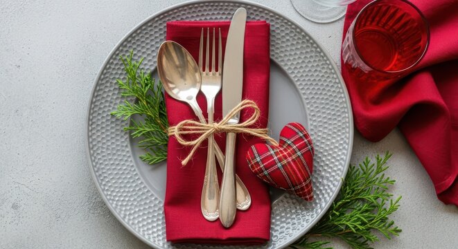 Elegant valentines day table setting with a grey plate, red napkin, silverware, pine sprigs, and a plaid heart decoration