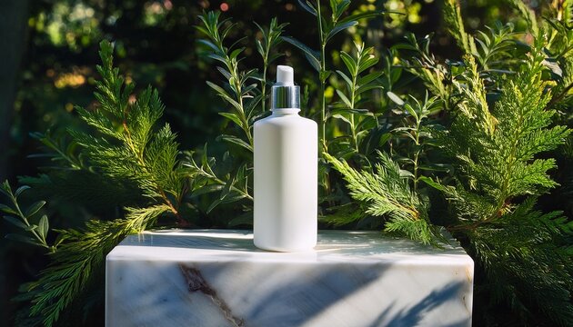 white cosmetic bottle on a marble pedestal surrounded by greenery sunlight casts shadows - Powered by Adobe