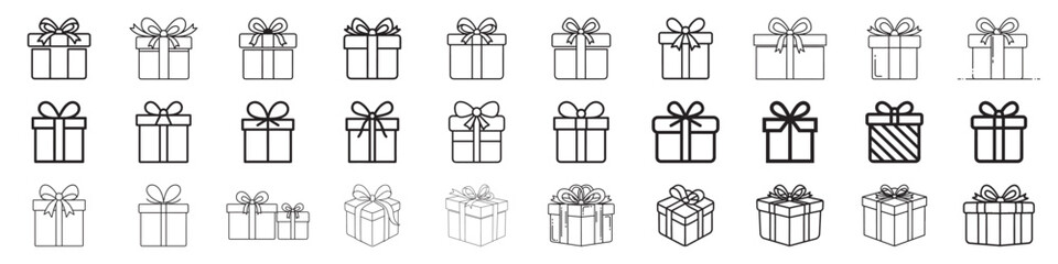 Gift box line icons set. Present gift box icon. Surprise present linear style. Gift box line icon, outline vector sign, linear-style pictogram isolated on black. Present symbol - stock vector.