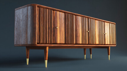 A stunningly designed wooden sideboard with elegant details, reflecting a touch of vintage charm. It showcases a dark wood grain with intricate vertical panels and brass accents.