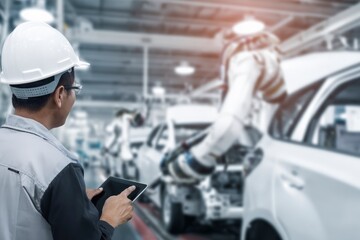 Fototapeta premium Automated car manufacturing process, featuring advanced robotics and skilled engineer, revolutionizes automotive industry production and efficiency.