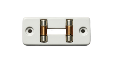 White ceramic fuse holder with two horizontal cartridge fuses—used in electrical systems to prevent overcurrent and ensure circuit protection